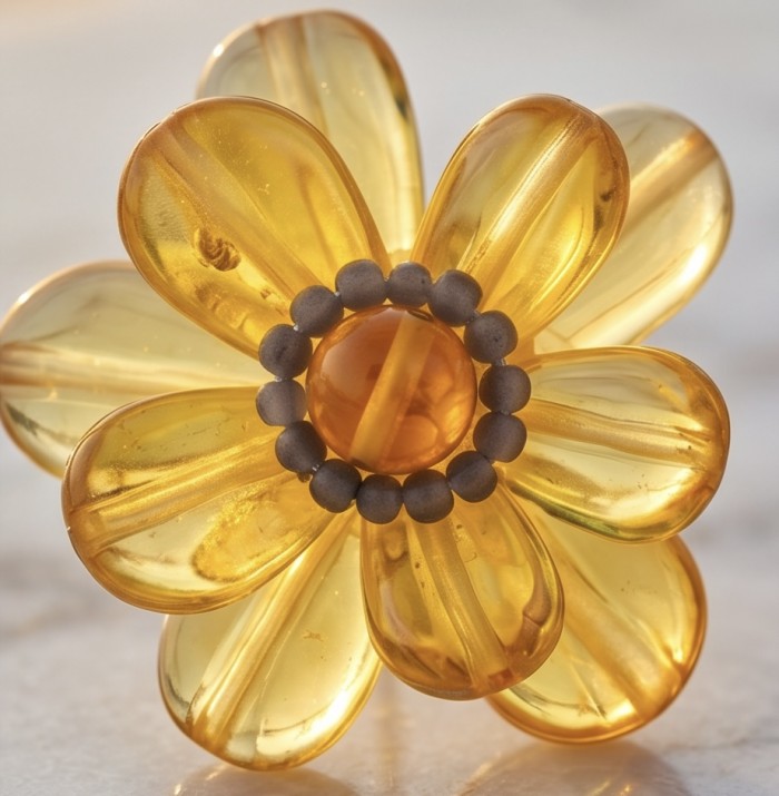 Summer Flowers Wonderful natural Baltic Amber .925 Sterling Silver entirely handcrafted earrings - Close-up of flower-shaped Baltic amber and sterling silver jewelry.