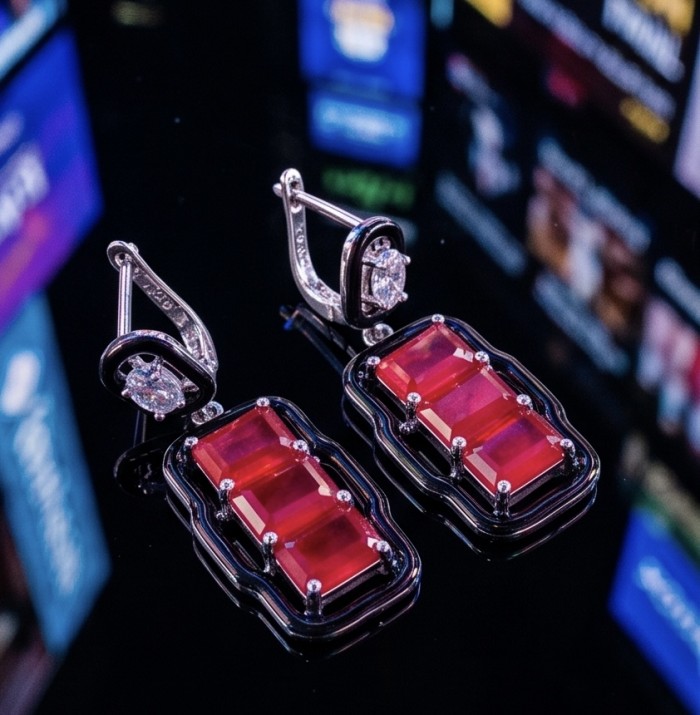 Art Deco - 8.5 carat Ruby enamel .925 Sterling Silver handcrafted incredible earrings - Art Deco ruby earrings in sterling silver, side view on reflective surface.