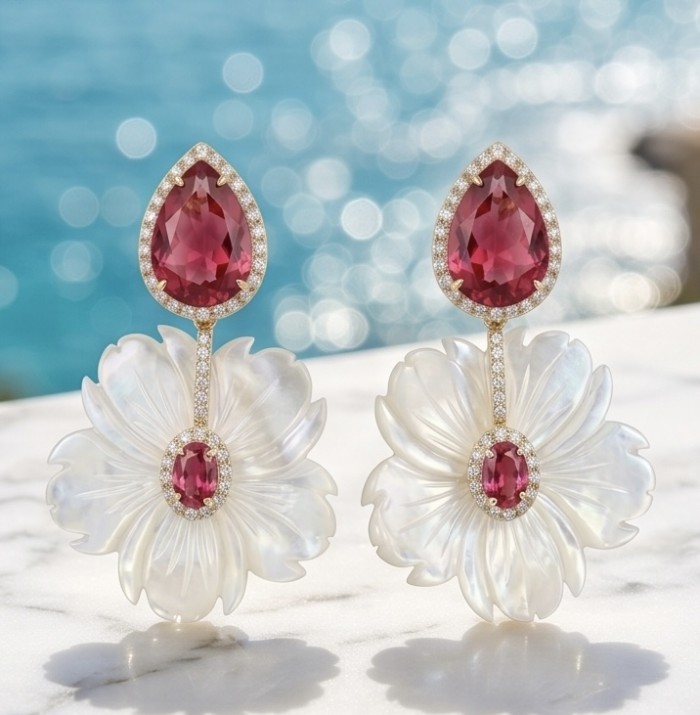 Summer Flowers Blister Pearl Red Topaz 14K Gold over .925 Sterling Silver handcrafted Earrings - Front view of pearl flower earrings with red topaz and gold accents.