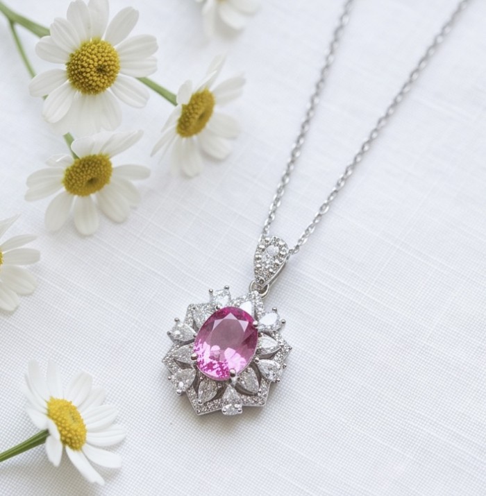 Isabella - delicate 6.7 carat Bubblegum Pink Sapphire .925 Sterling Silver handcrafted Statement Necklace - Pink Sapphire pendant with floral detail on white background, top view.