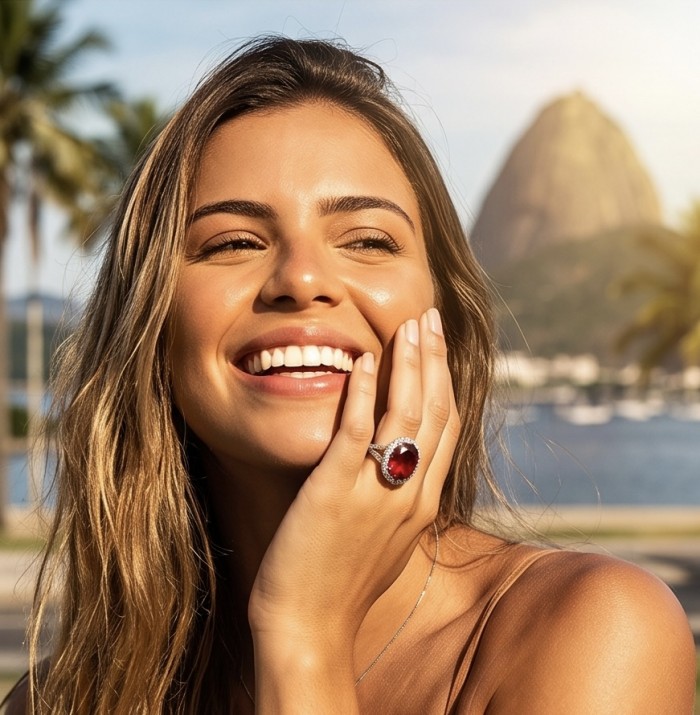Red Empress 25.7 ctw oval cut Mozambique Ruby .925 Sterling Silver handcrafted Statement Ring size 7 1/4 - Woman wearing Red Empress ruby ring, close-up on hand and smile.