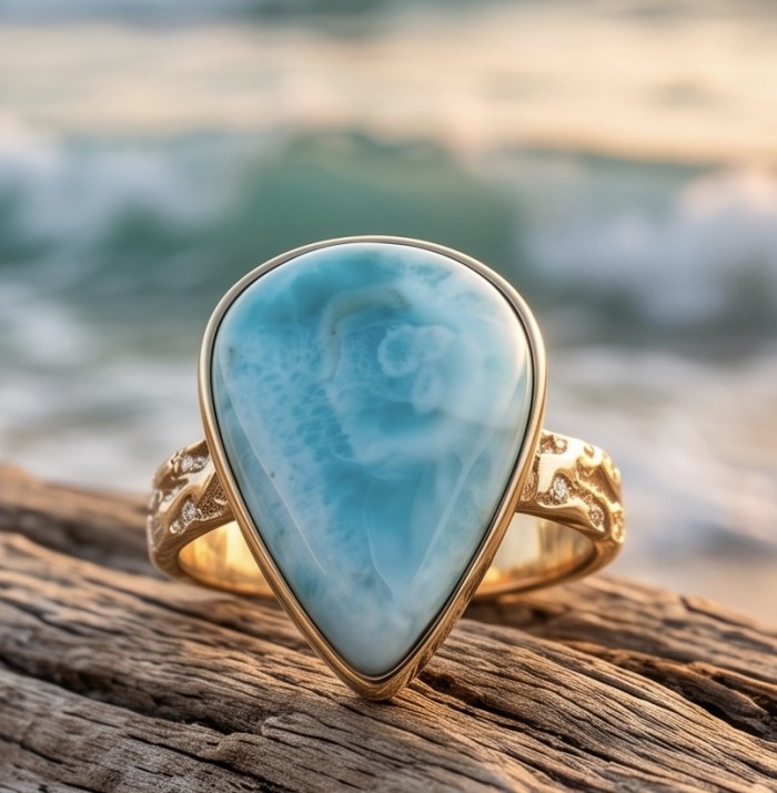 12.8 carat Blue Perfection natural Larimar .925 Sterling Silver handmade ring size 8 1/2 - Close-up of a 12.8 carat Larimar ring on driftwood, seaside background