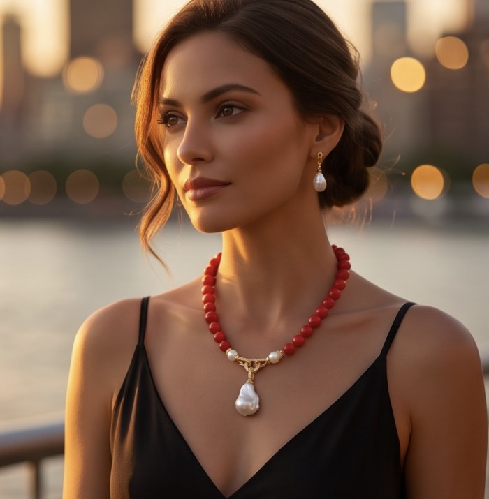 Konstancia Sublime natural Red Fossilized Coral 14K Gold over Sterling Silver handmade Necklace - Woman wearing Konstancia red coral necklace with gold and pearl detail.