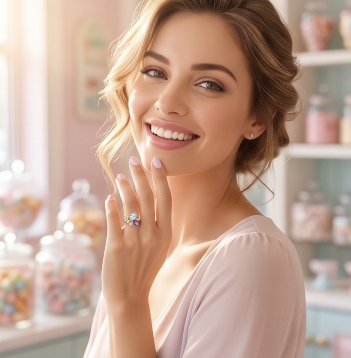 Pacifica 7.8 carat Swiss Blue Topaz .925 Sterling Silver handcrafted ring size 9 - Woman wearing Pacifica 7.8ct Swiss Blue Topaz ring on hand, smiling.