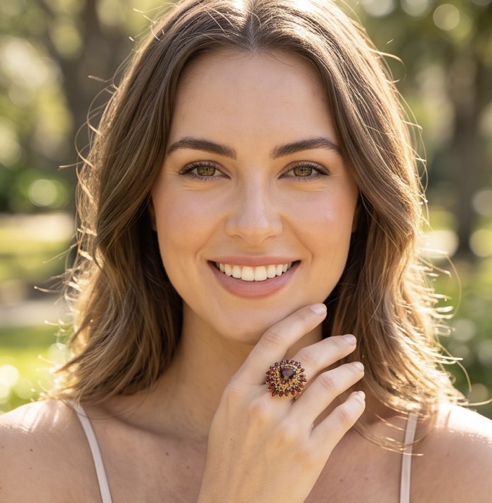 Giovanna trillion cut 22.5 carat Garnet 22K Gold over .925 Sterling Silver handcrafted ring size 7 - Woman wearing Giovanna garnet ring on hand, close-up outdoors.