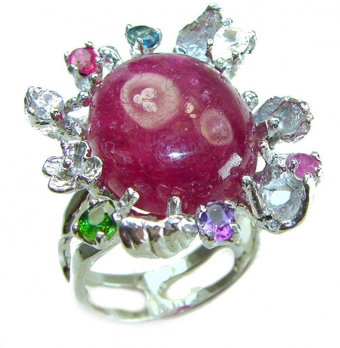 Large - Crimson red - natural 28.5 carat Star Ruby .925 Sterling Silver handmade Statement Ring size 8 1/4 - photo 4