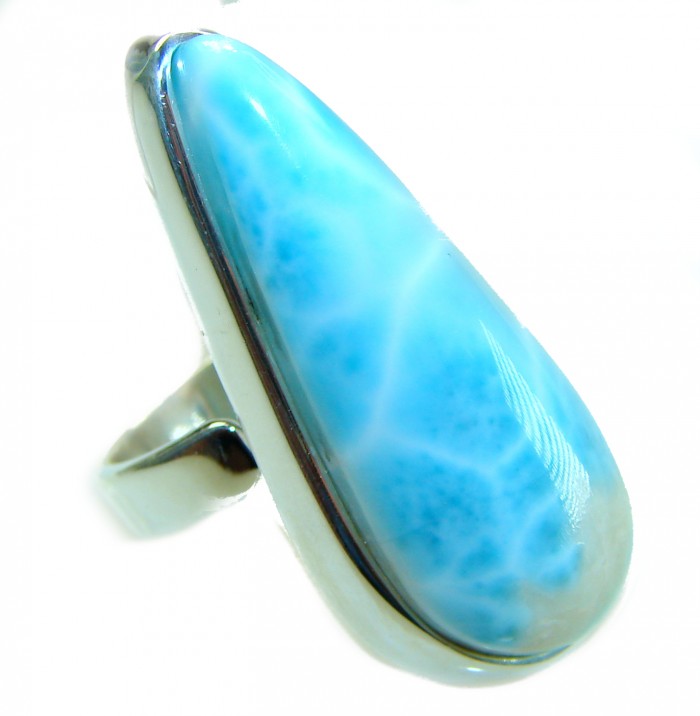 Blue Dreamer authentic Larimar .925 Sterling Silver handmade Large Solid ring size 7 adjustable - Close-up of Blue Dreamer Larimar stone in .925 Sterling Silver ring.
