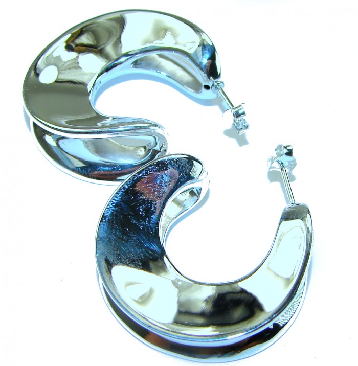 LARGE - EXTRAVAGANZA - Highly Polished Fancy .925 Sterling Silver Italy made Earrings - Highly polished sterling silver hoops, angled view against white background.