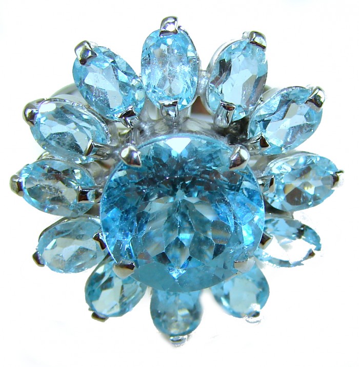 Atlantica 22.7 carat Swiss Blue Topaz .925 Sterling Silver Handcrafted Statement Large ring size 8 - Close-up of Swiss Blue Topaz ring in sterling silver setting.