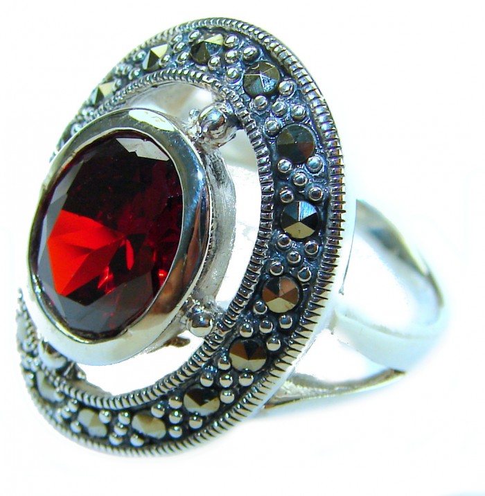 Carmen Natural 10.4 carat Ruby Marcasite .925 Sterling Silver handmade Large Statement Ring size 8 - Close-up of ruby and marcasite sterling silver ring