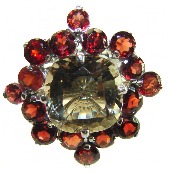 Serenity 10.5 carat Champagne Smoky Topaz .925 Sterling Silver HUGE Ring size 7 - Close-up of Serenity ring with smoky topaz and garnets in sterling settings.