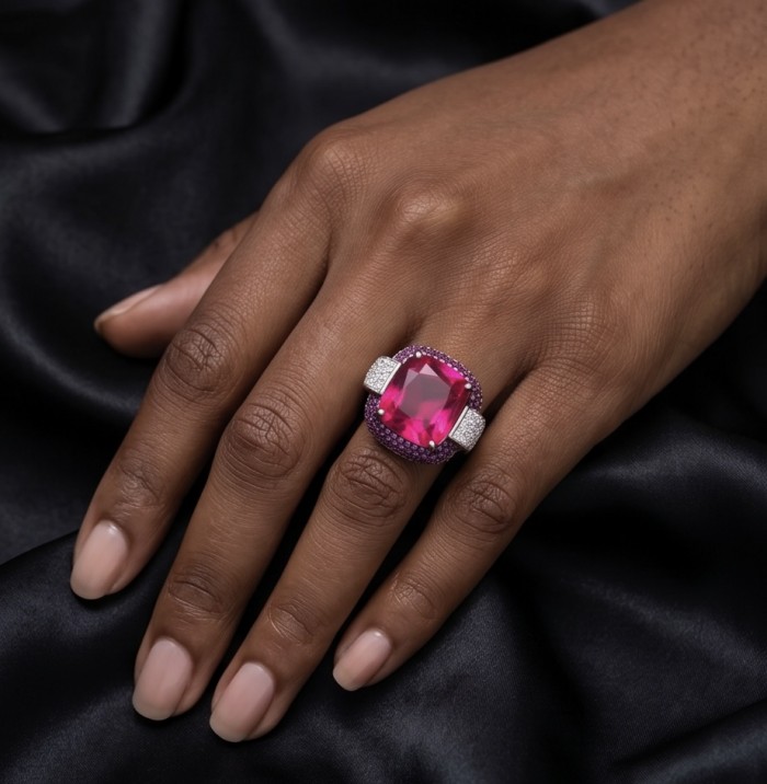 Art Deco 18.6 ctw Red Topaz 3.2 carat pave Ruby .925 Sterling Silver handcrafted Statement Ring size 8 adjustable - Worn on hand, Art Deco red topaz and ruby ring, front view