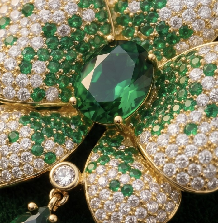Heirloom Genuine 18.5 carat Colombian Emerald .925 Sterling Silver handmade Brooch - Stone close-up of luxury jewelry featuring Colombian emeralds and diamonds