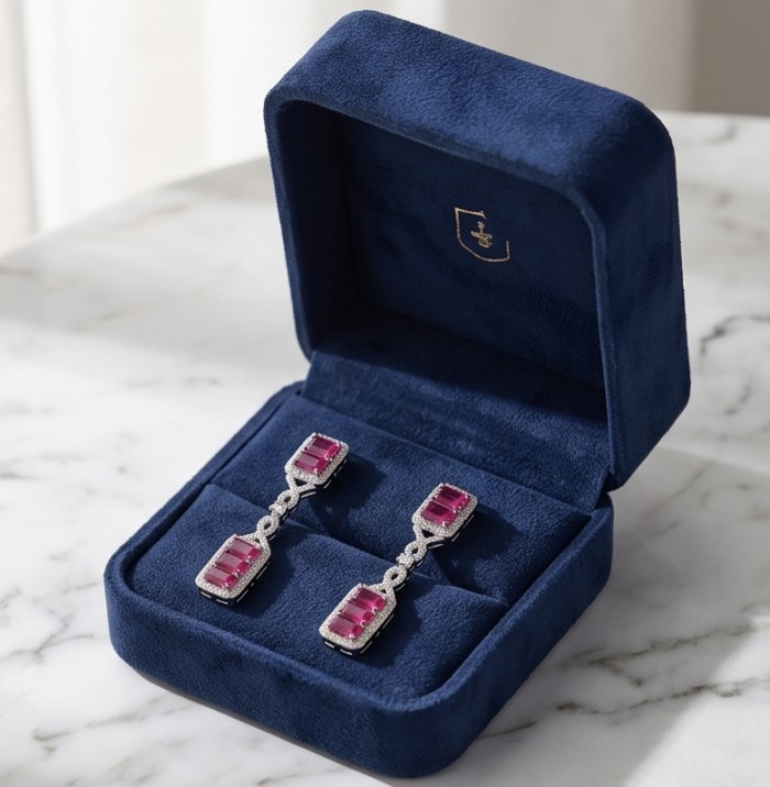Art Deco - Giovanna - Magnificent Jewel 6.5 carat Ruby .925 Sterling Silver handcrafted incredible earrings - Elegant ruby earrings in blue box, top view.