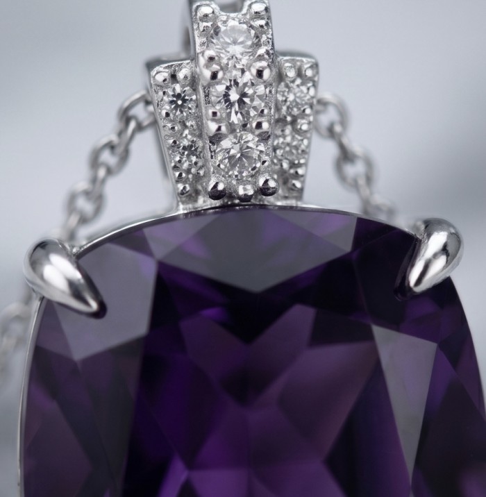 Classic design 22.5 carat African Amethyst .925 Sterling Silver dipped in rhodium handcrafted necklace - Close-up of amethyst stone with diamond accents in sterling setting