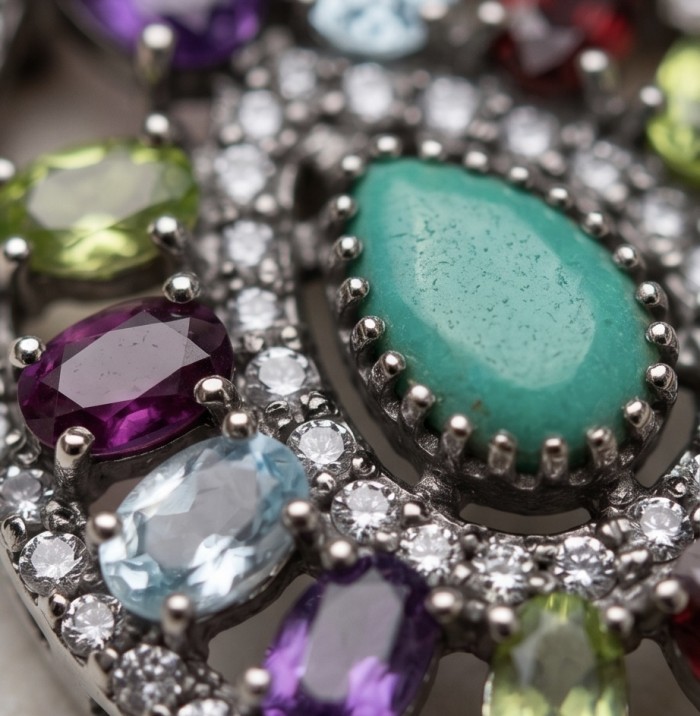 Victorian style - 14.5 carat Authentic Emerald .925 Sterling Silver dipped in black rhodium handcrafted Pendant - Close-up of multicolored gemstones set in Victorian-style jewelry.