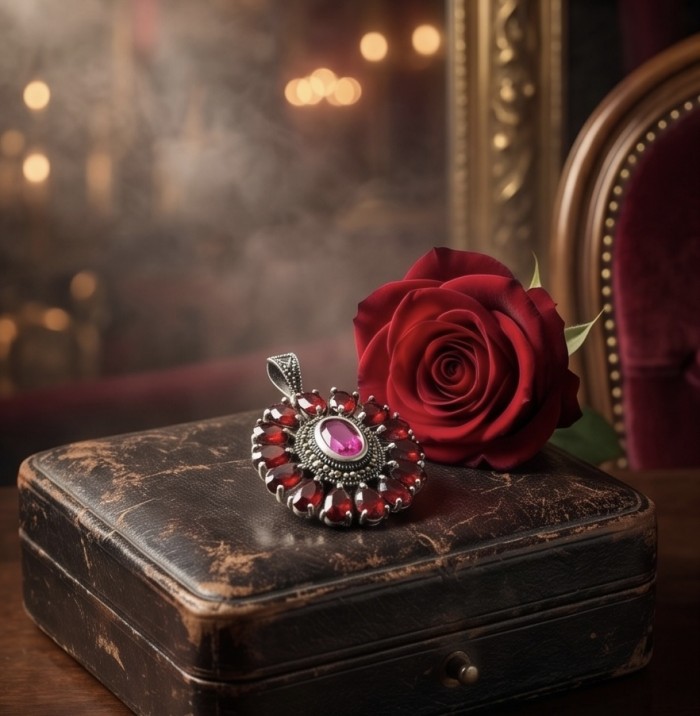 Giovanna 22.2 carat authentic Mozambique Ruby Marcasite .925 Sterling Silver handmade Pendant - Ruby pendant with rose on worn box, artistic background.