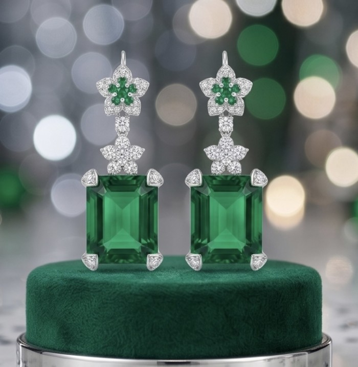Spectaculat 12.5 carat Tsavorite Garnet .925 Sterling Silver handcrafted earrings - Emerald-cut Tsavorite Garnet earrings, front view on velvet display