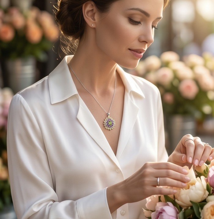 Wise Bliss Authentic 5.2 carat Peridot from Arizona .925 Sterling Silver handmade pendant - Woman wearing Wise Bliss 5.2 carat Peridot necklace in floral setting.