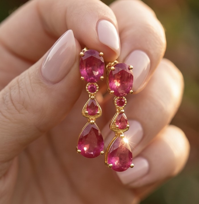 Giovanna - Magnificent Jewel 6.5 carat Mozambique Ruby 22K Gold over .925 Sterling Silver handcrafted incredible earrings - Close-up of hand holding Giovanna Mozambique Ruby earrings