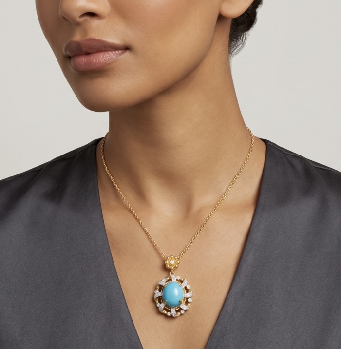 Sofia - authentic Sleeping Beauty Turquoise 22K Gold over .925 Sterling Silver handcrafted Statement necklace - Sofia Sleeping Beauty Turquoise necklace worn on model in close-up view.