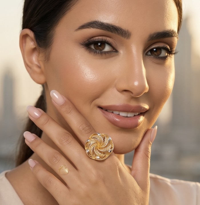 GOLDEN ROSE- Dubai Style - .925 Sterling Silver dipped in 22K Gold handmade Large ring size 6 - Close-up of model wearing GOLDEN ROSE ring on hand, showcasing design.