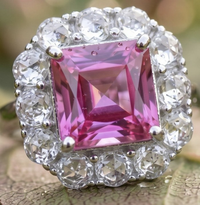 Anastasia princess cut 8.2 carat Pink Sapphire .925 Sterling Silver dipped in Rhodium Handcrafted Statement Ring size 7 1/4 - Close-up of Anastasia princess cut pink sapphire ring with accent stones.