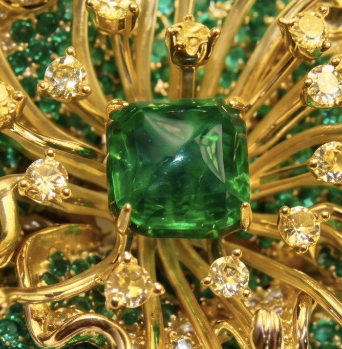 Nature-inspired piece - Amazonia - Green Rose - Genuine 42.5 carat Emerald 14K Gold over .925 Sterling Silver handmade Pendant - Brooch - Close-up of nature-inspired jewelry featuring green and yellow gemstones