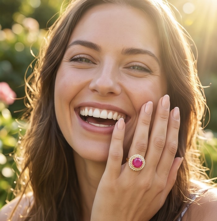 Scarlett 9.7 ctw Mozambique Ruby .925 Sterling Silver dipped in 22K Gold handcrafted Statement Ring size 8 - Woman wearing Scarlett 9.7 ctw Mozambique Ruby ring, close-up of hand.
