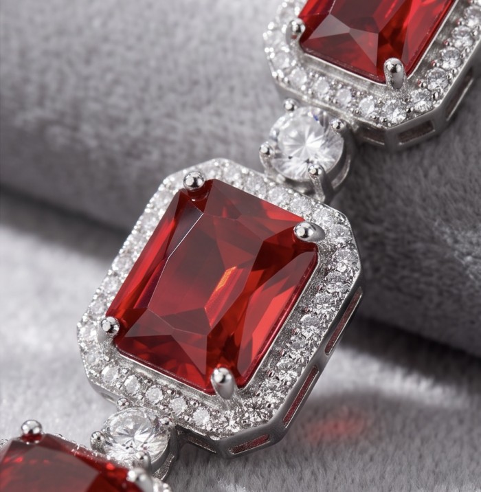 Serafina - Magnificent Jewel 9.8 carat Ruby .925 Sterling Silver handcrafted incredible Statement Necklace - Stone close-up of Serafina 9.8 carat ruby with diamond accents.