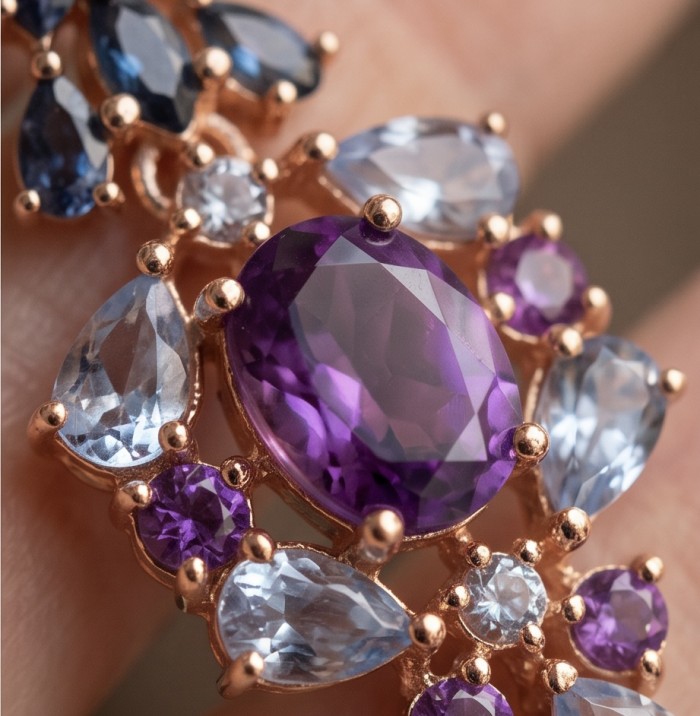 Fiesta Authentic 10.5 carat Multigem .925 Sterling Silver dipped in 18K Rose Gold handcrafted earrings - Close-up of Fiesta multigem sterling silver jewelry on hand.