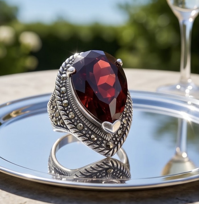 EMPRESS Genuine 18.9 CARAT Ruby rhodium over .925 Sterling Silver Statement Ring size 7 1/4 - Close-up of EMPRESS 18.9 carat ruby ring with intricate silver design