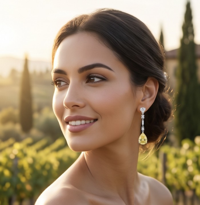 Luxurious pear cut 8.5 carat Yellow Sapphire rhodium over .925 Sterling Silver handcrafted earrings - Side view of elegant yellow sapphire earrings worn outdoors.