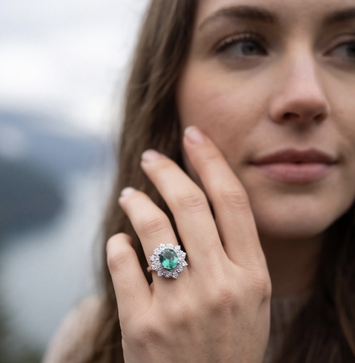 Marina Blue 10.8 carat Aquamarine rhodium over .925 Sterling Silver handcrafted ring size 7 1/2 - Aquamarine ring worn on hand, focus on stone and design details.