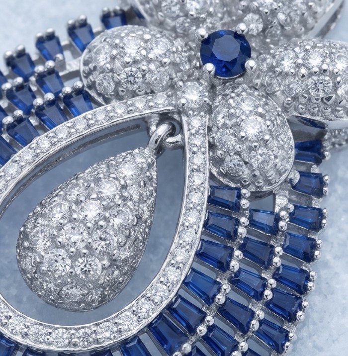 Julietta - Excellent quality 14.9 carat Sapphire rhodium over .925 Sterling Silver handcrafted Pendant - Close-up of Julietta Sapphire and diamond jewelry detailing