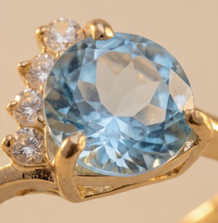 Pacifica 4.8 carat Swiss Blue Topaz .925 Sterling Silver handcrafted ring size 7 - Close-up of Pacifica Swiss Blue Topaz with accent stones in gold setting.