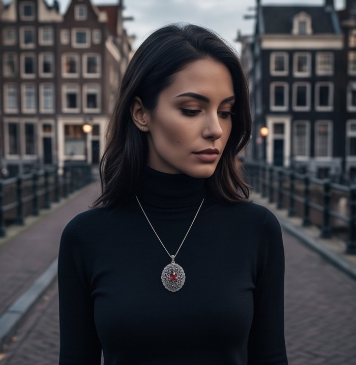 Vintage Style - Precious - Genuine 14.5 carat Ruby Marcasite Rhodium over .925 Sterling Silver handmade Pendant - Woman wearing necklace with 14.5 carat ruby pendant in city setting.