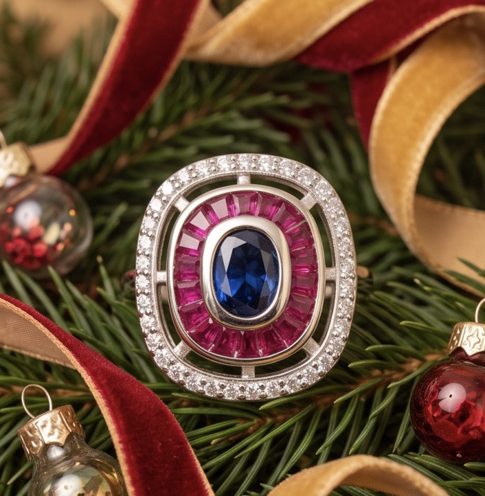 Art Deco 8.6 ctw Colombian Sapphire Rhodium over .925 Sterling Silver handcrafted Statement Ring size 8 - Close-up of Art Deco 8.6 ctw sapphire ring on festive pine branches.
