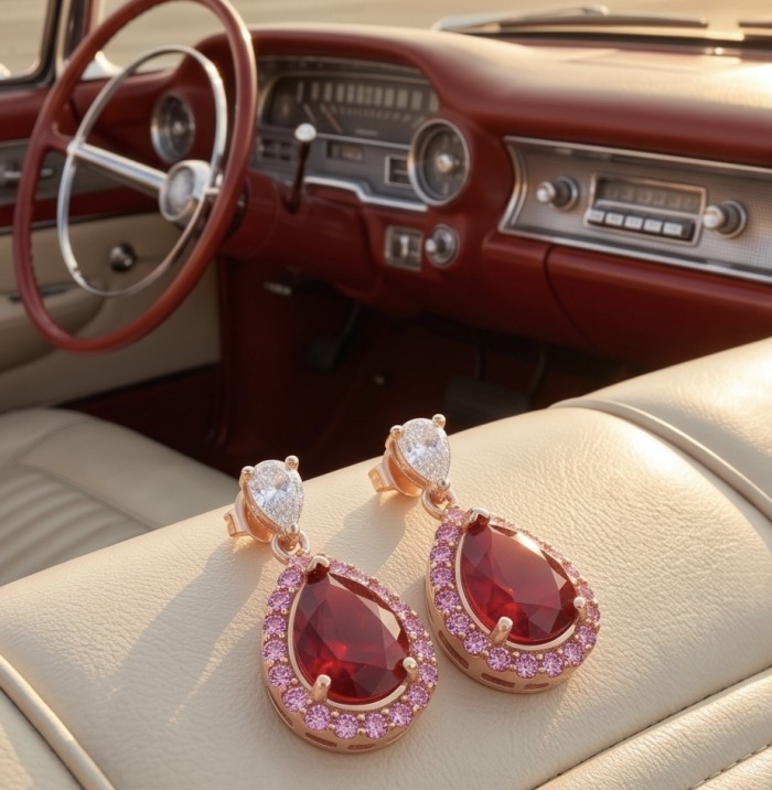 Giovanna - Magnificent classic design - 10.2 carat Kasmir Ruby .925 Sterling Silver dippedin 22K Rose Gold handcrafted incredible Statement earrings - Close-up of earrings on car seat, showcasing red and pink gemstones.
