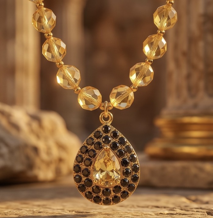 Serenity - 40.2 carat BRAZILIAN Citrine SAPPHIRE 18K Gold over .925 Sterling Silver handmade necklace - Close-up of teardrop citrine and sapphire pendant necklace.