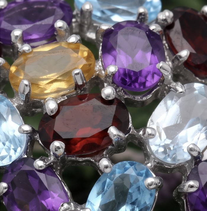Beauty of Nature natural 22.5 CARAT Multigem .925 Sterling Silver handcrafted pendant - Close-up view of multigem stones in silver setting.