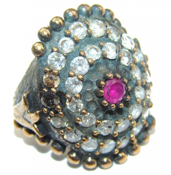 Large Victorian Style created Ruby & White Topaz Sterling Silver ring; s. 6 - photo 1