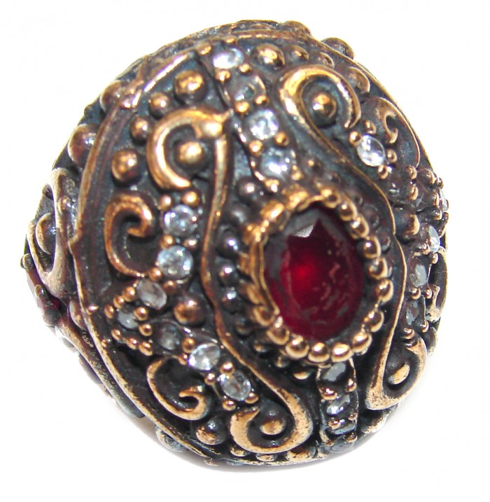 Victorian Style created Ruby & White Topaz Copper over Sterling Silver ring; s. 6 1/2 - photo 1