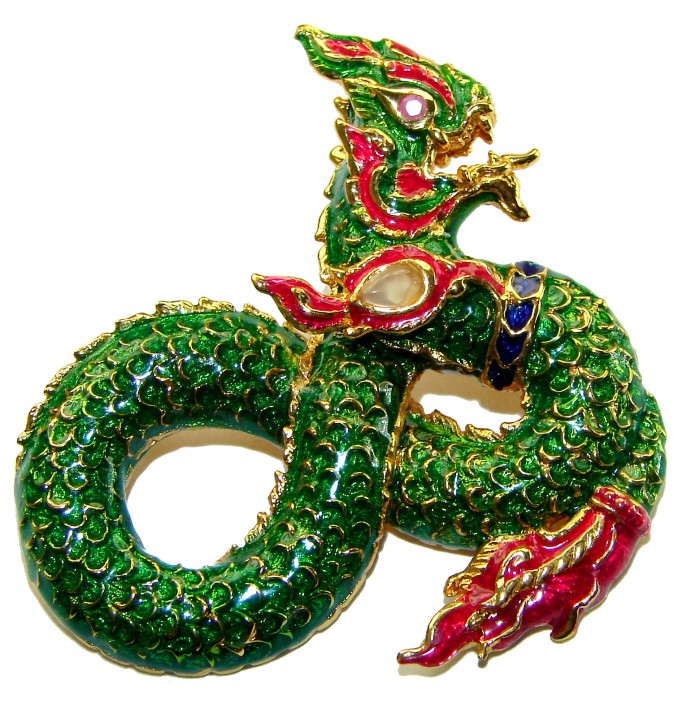 INCREDIBLE Natural Ruby Enamel Dragon 18K Gold over .925 Sterling Silver handcrafted Pendant - photo 2