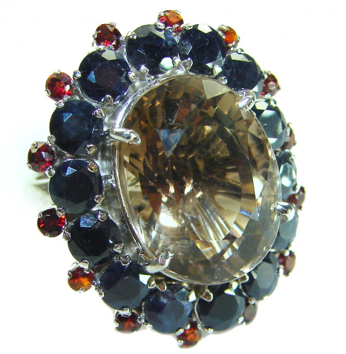 Egyptian Night 18.5 carat Champagne Smoky Topaz Sapphire .925 Sterling Silver Ring size 6 - photo 3