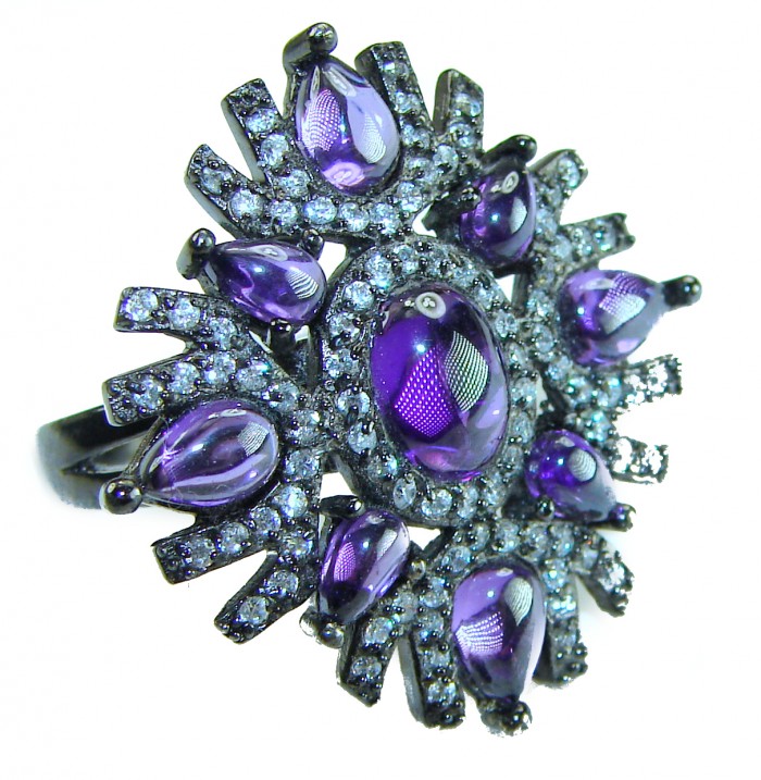 10.2 carat Amethyst black rhodium over .925 Sterling Silver Handcrafted Large Ring size 7 1/4 - Amethyst ring close-up, black rhodium over .925 sterling silver.
