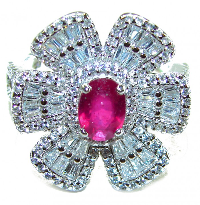 Art Deco - 6.8 carat Authentic Ruby .925 Sterling Silver Handcrafted Ring size 7 1/2 - Ruby and diamond flower ring, top view, in sterling silver.