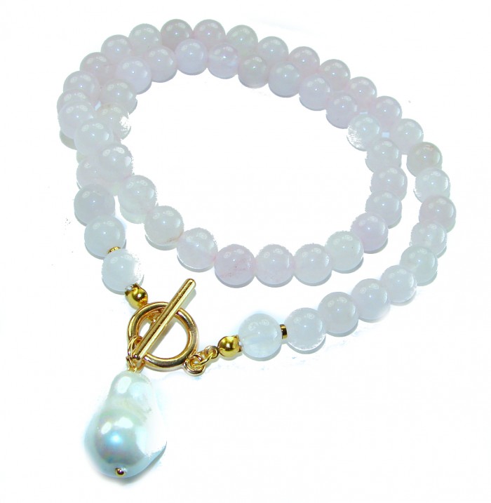 Pink Cascade authentic 65.8 carat Rose QUARTZ 18K Rose Gold over .925 Sterling Silver handcrafted necklace - Rose Quartz necklace with clasp and pearl detail, front view.