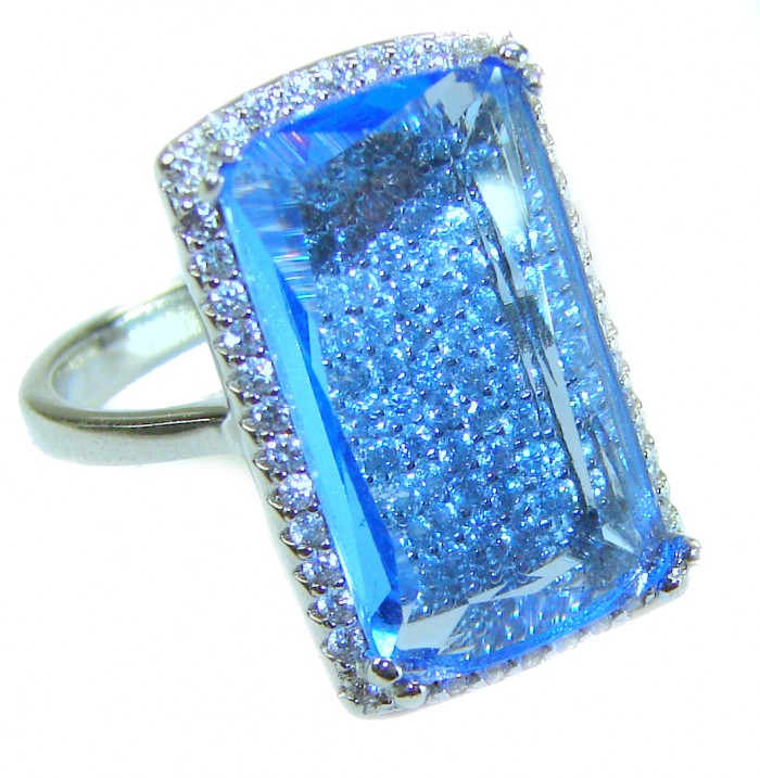 6.5 carat authentic Swiss Blue Topaz .925 Sterling Silver handmade Statement Ring size 7 1/4 - Close-up of Swiss Blue Topaz ring in sterling silver.