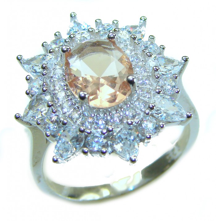 Isabella Authentic emerald cut 4.8 carat Morganite .925 Sterling Silver ring s. 7 1/4 - Close-up of Isabella 4.8 carat Morganite ring with halo setting
